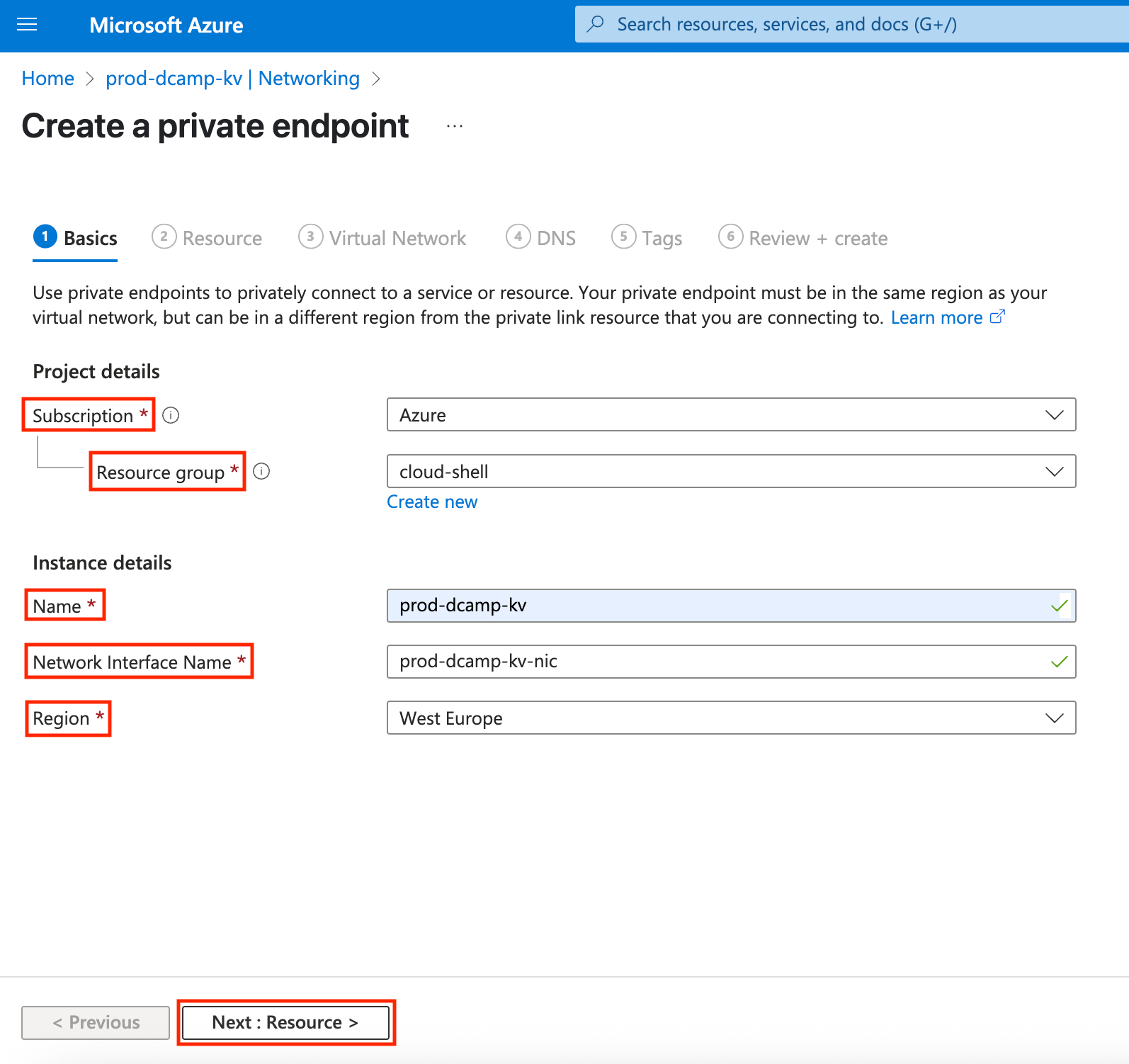 Screenshot of the Basics tab in the private endpoint setup. Fields for subscription, resource group, name, network interface name, and region are filled out. The “Next: Resource >” button is visible at the bottom.