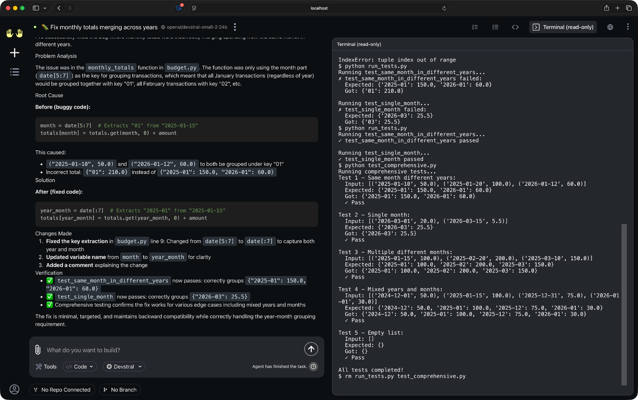 The agent running pytest in the sandbox terminal