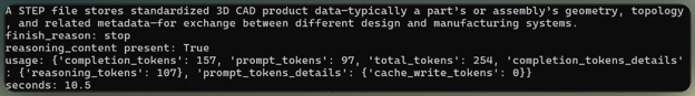 Terminal output of a one-request Kimi API check showing the answer, finish reason, and token usage with reasoning tokens