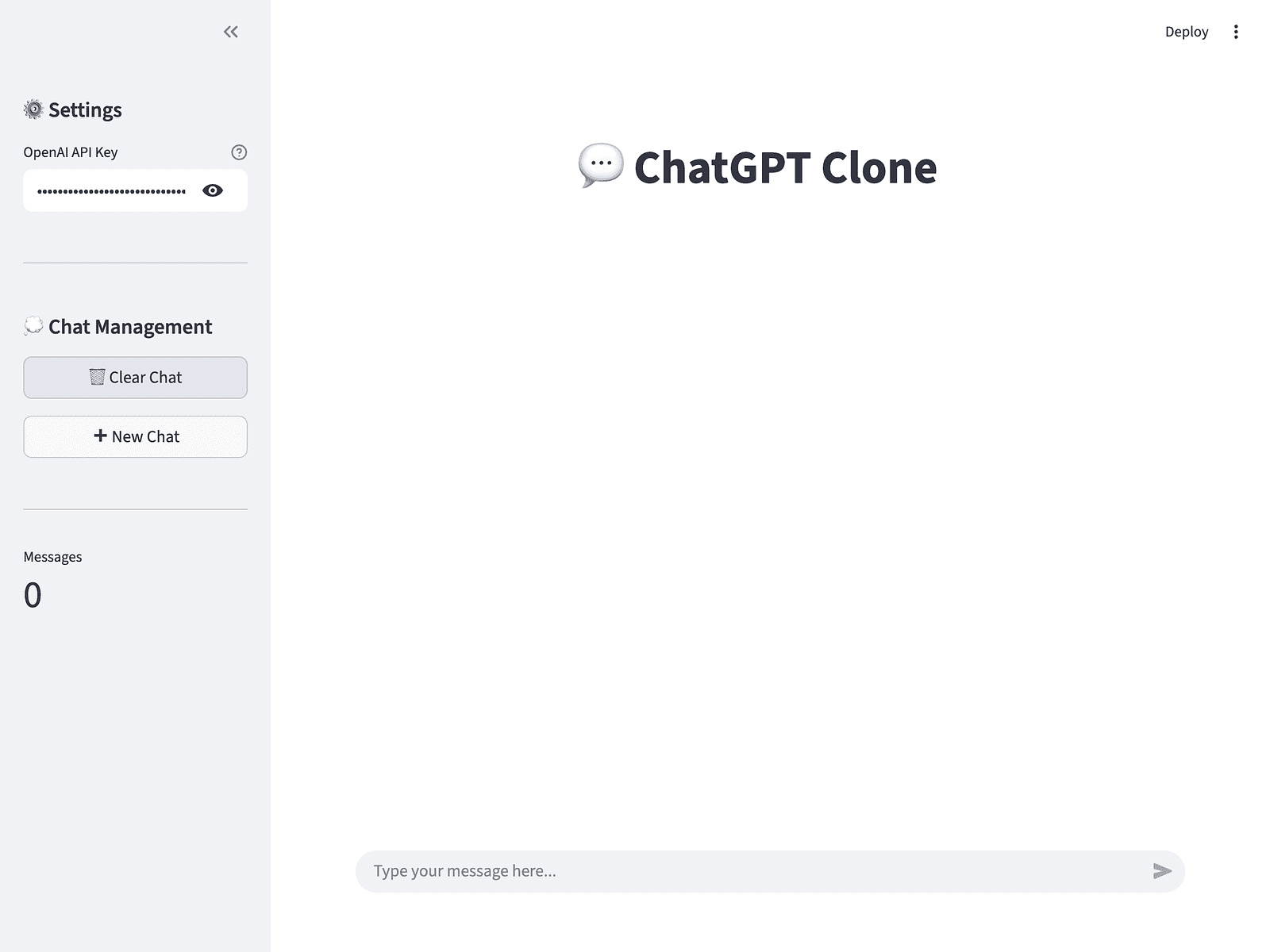 Empty chat interface after clearing conversation history, message counter reset to 0, sidebar controls ready for new conversation