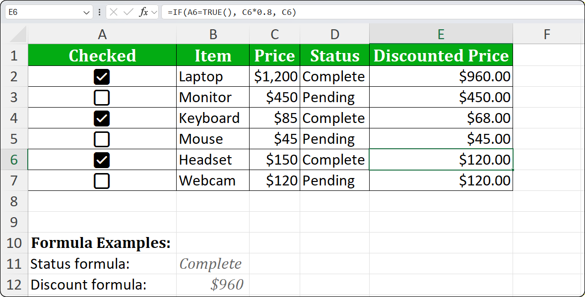 IF formula in formula bar responding to checkbox state