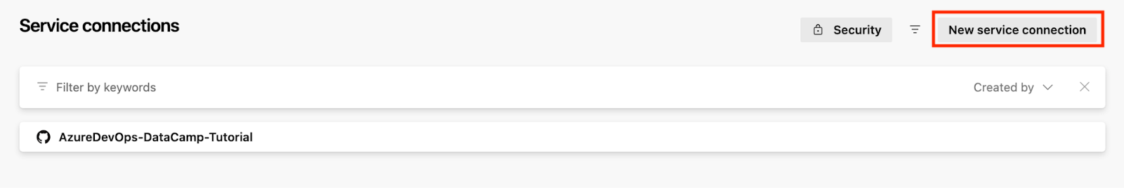 Screenshot of the Service Connections page in Azure DevOps. The “New service connection” button is visible at the top.