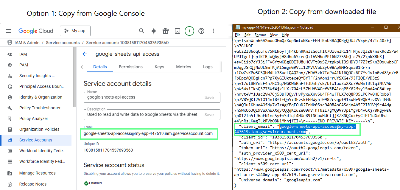 Copy the client email from the JSON key file.