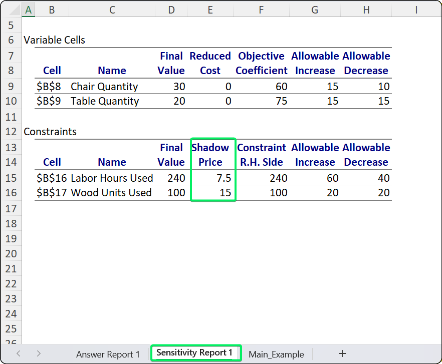 Sensitivity Report constraints section with shadow prices