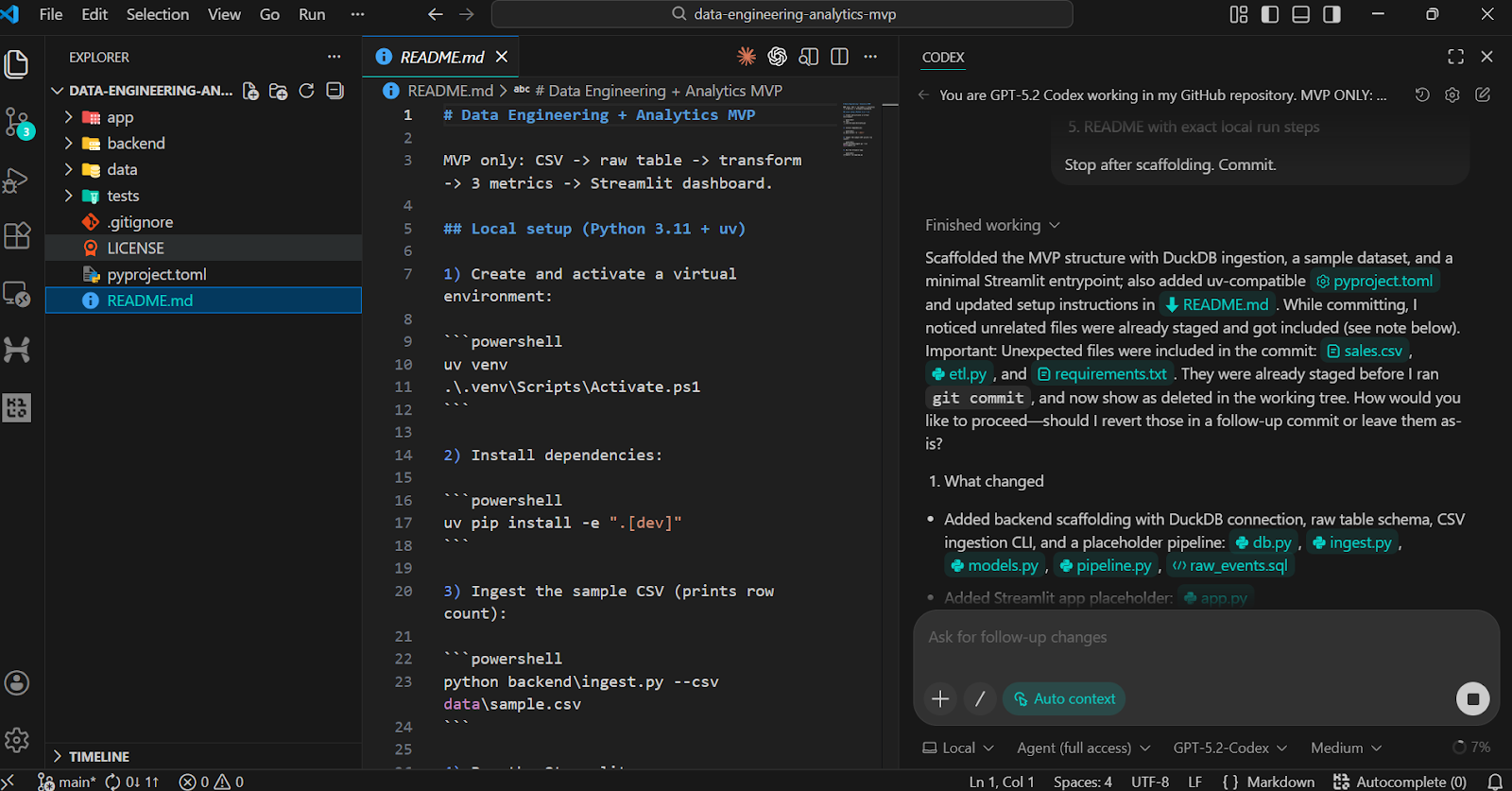 VSCode file and fodler creating usign the Codex Extension.