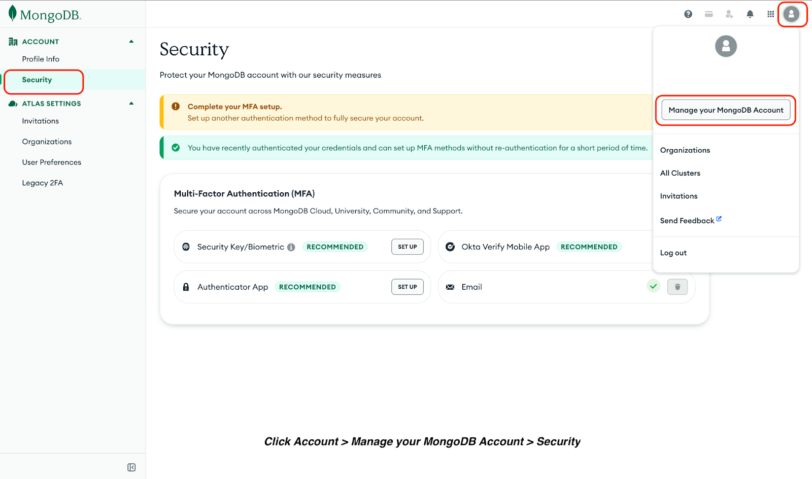 Screenshot highlighting Account, Manage your MongoDB Account, and Security, and also showing the available MongoDB MFA methods.