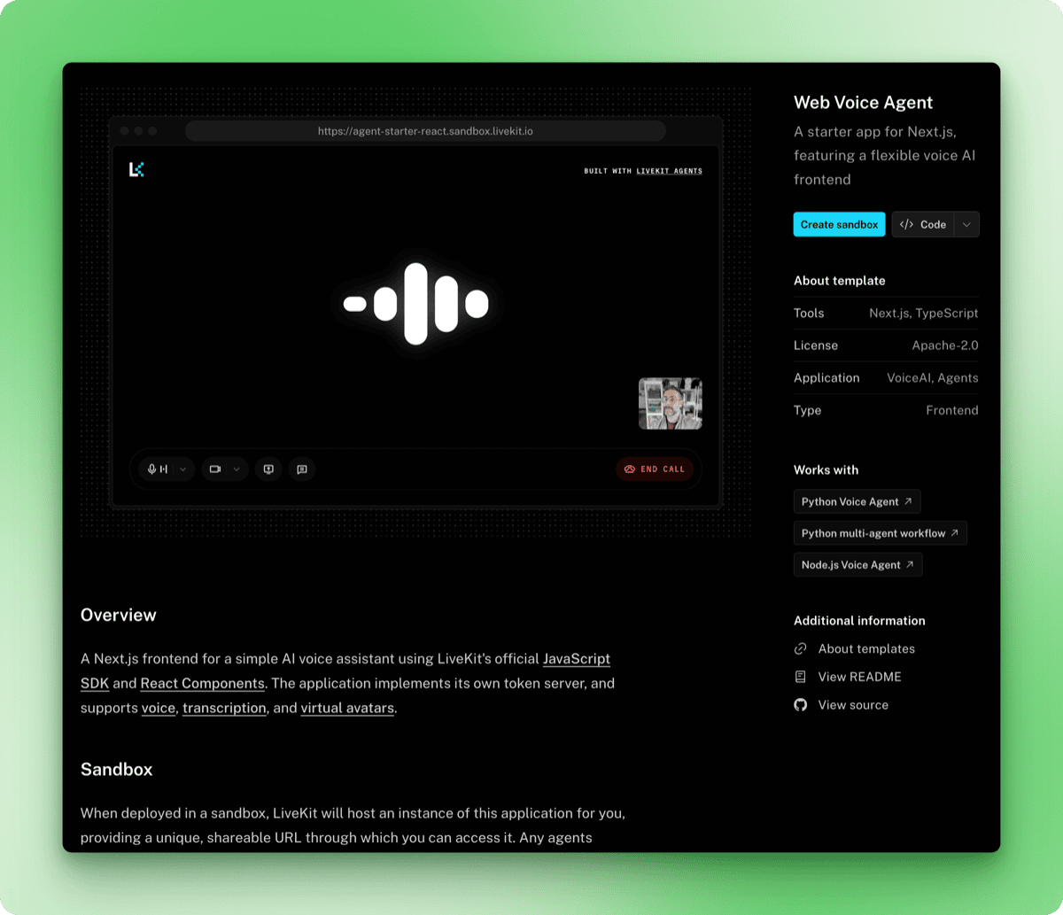 Web Voice Agent template page with Create sandbox button