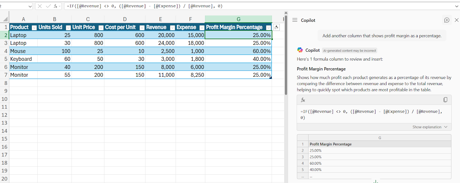 Calculate the profit margin using the Copilot prompt in Excel.