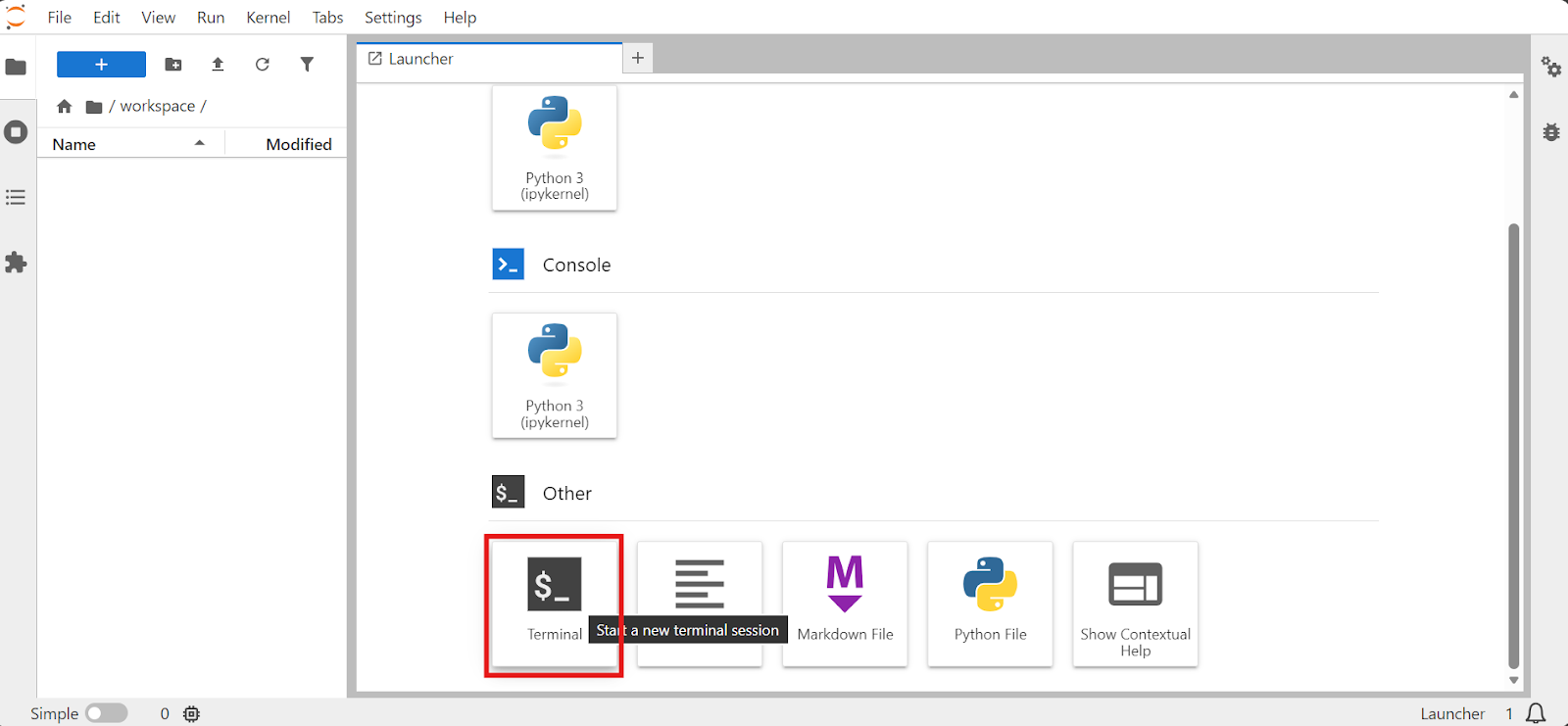 launching the terminal in the Jupyter Lab in Runpod