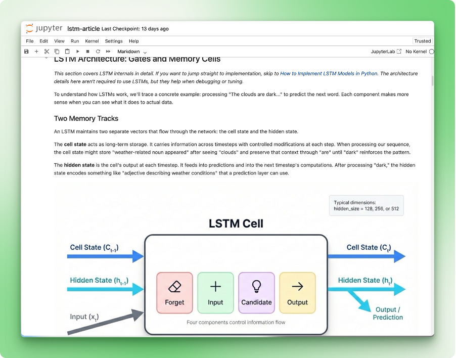 Title: Jupyter notebook with LSTM architecture content open in the browser before converting to Word using a custom OpenClaw skill - Description: Jupyter notebook with LSTM architecture content open in the browser before converting to Word using a custom OpenClaw skill