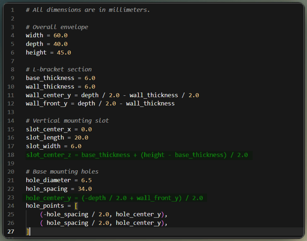 CadQuery program written by Kimi that computes the hole row and slot height as midpoints of the bracket faces