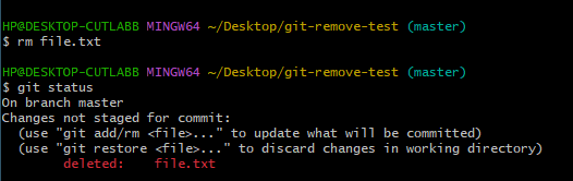Remove the file with rm command and check the status with git status command.