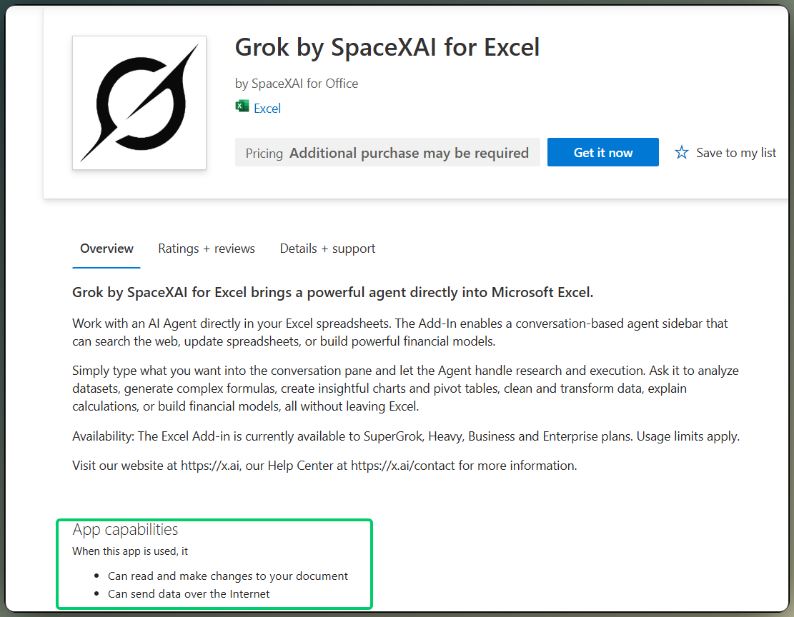 Microsoft Marketplace listing for Grok showing App capabilities to read and change the document and send data over the Internet.
