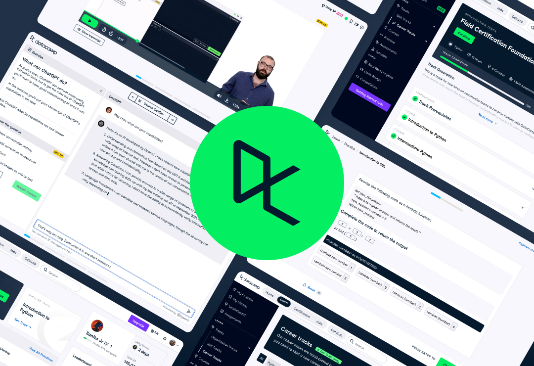 DataCamp learning interface, showing the live coding environment on mobile and desktop