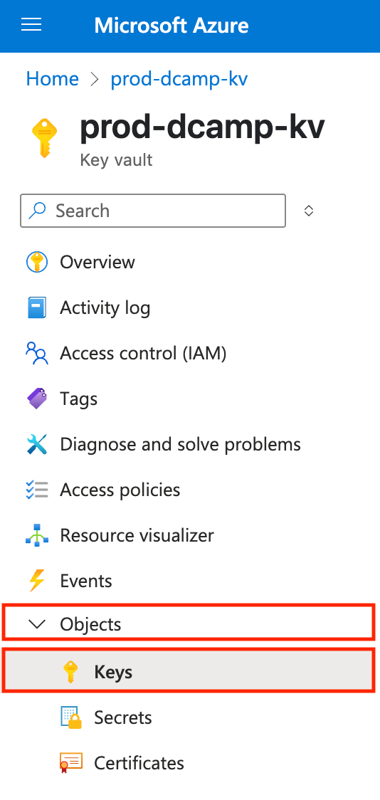 Screenshot of the Azure Key Vault menu. The “Objects” section is expanded on the left side, and “Keys” is selected from the drop-down list.