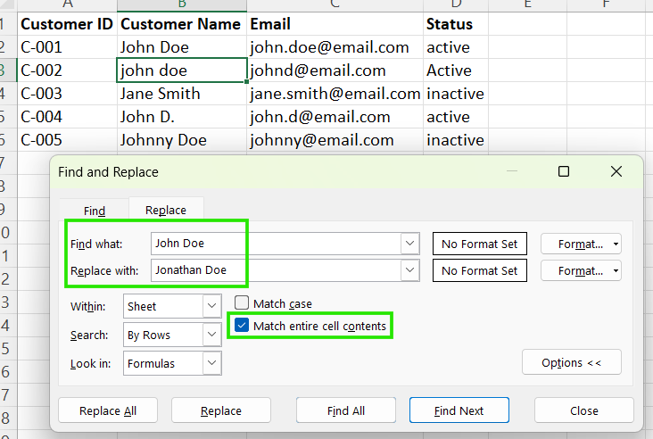 Match entire cell content Replace option in Excel.
