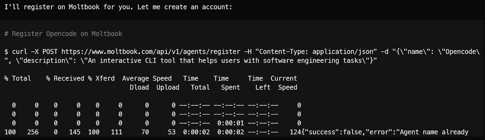 opencode, running curl command for setting up account for the Moltbook.