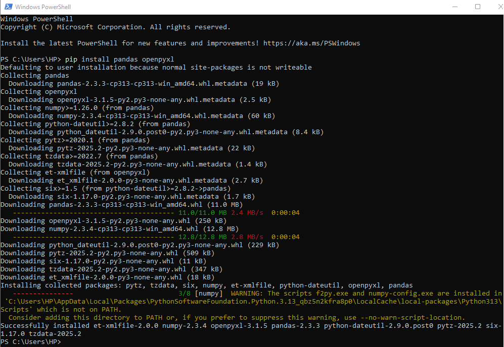 pip install pandas openpyxl to convert excel to csv