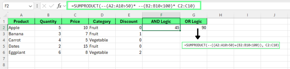Applying AND and OR logic using SUMPRODUCT.