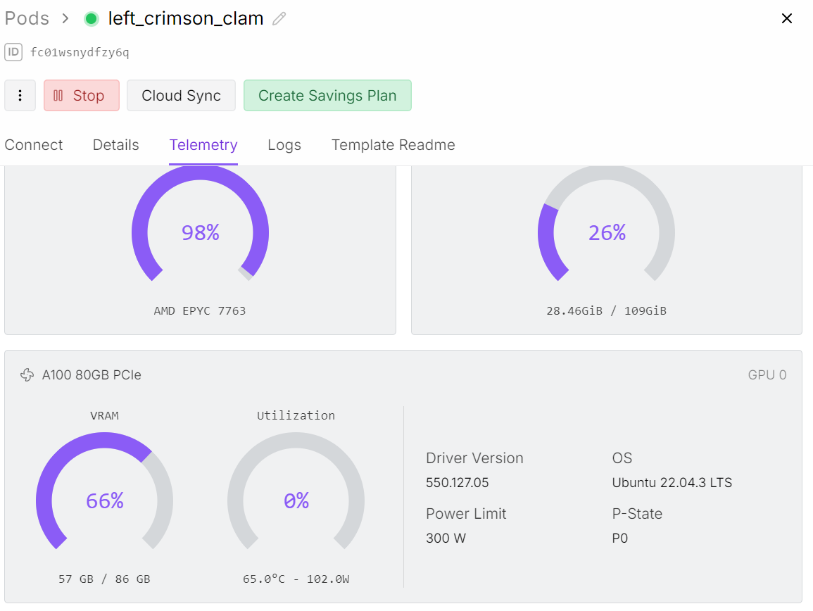 Telemetría Runpod durante el ajuste fino del modelo Ministral 3 14B.