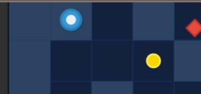 Screenshot of the game generated by Claude Imagine. It shows the player in blue and a coin located one space down and two spaces to the right.