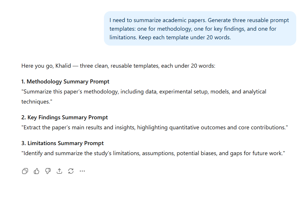 Exemple de méta-invite chatGPT générant trois modèles d'invite spécialisés pour la synthèse d'articles universitaires