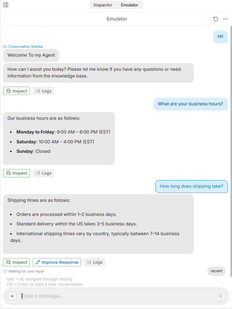 Botpress emulator showing a conversation where a user asks about business hours and the bot responds with information from the knowledge base