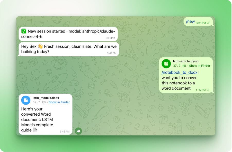 Title: OpenClaw skill invoked via the notebook-to-docx slash command in Telegram showing the agent converting a Jupyter notebook to a Word document - Description: OpenClaw skill invoked via the notebook-to-docx slash command in Telegram showing the agent converting a Jupyter notebook to a Word document