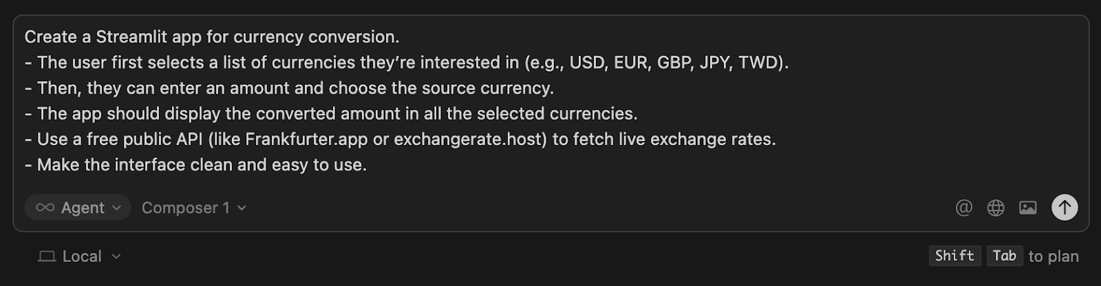 Initial prompt example used to create the currency converter app.