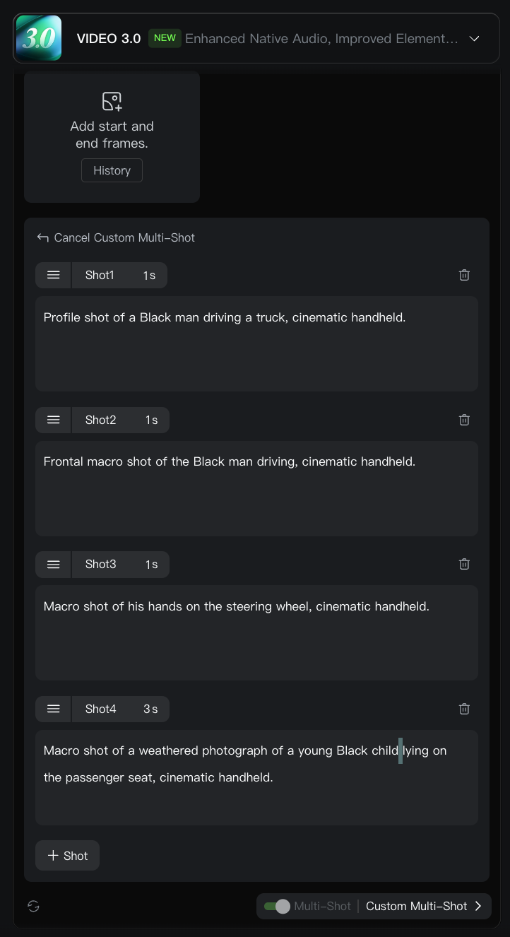 Kling AI 3.0 Custom Multi‑Shot editor screenshot—prompt-based scene builder with four shots: Black man driving profile, frontal macro, hands on steering wheel, and a weathered photo of a young Black child.