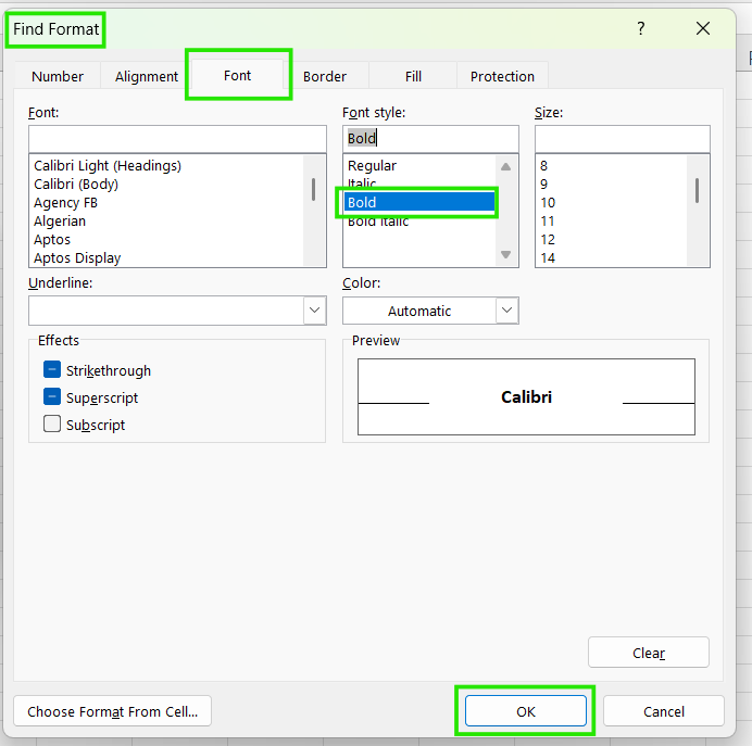 Find format in Excel Replace feature