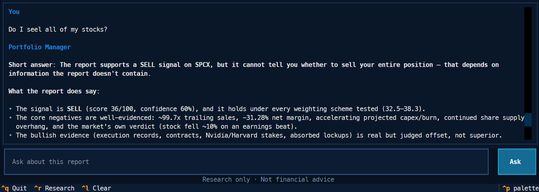Results of the follow-up question in Multi-Agent Stock Analyst TUI app