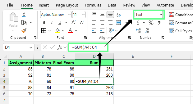 Excel displays formula as text instead of result.