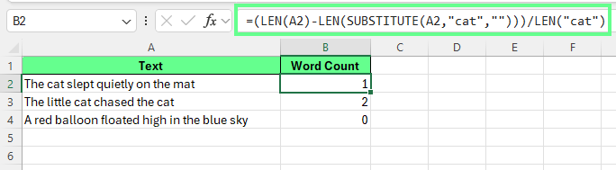 Count a specific word in a cell in Excel.