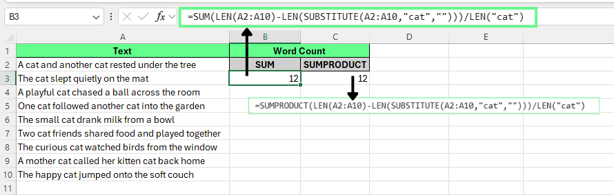 Counting words across multiple cells using SUMPRODUCT in Excel.