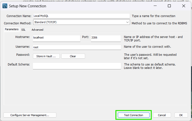 Connect to a local server MySQL