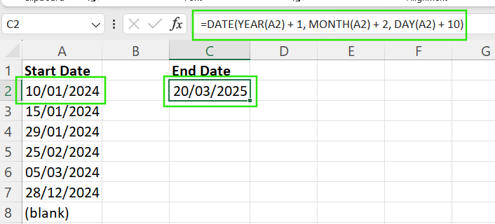 How to combine year, month, and day offsets in Excel.
