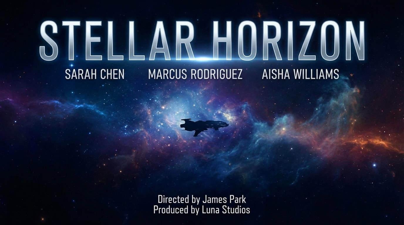 Poster sci-fi con testo chiaro e leggibile generato da Nano Banana Pro con titolo, nomi del cast e crediti di produzione
