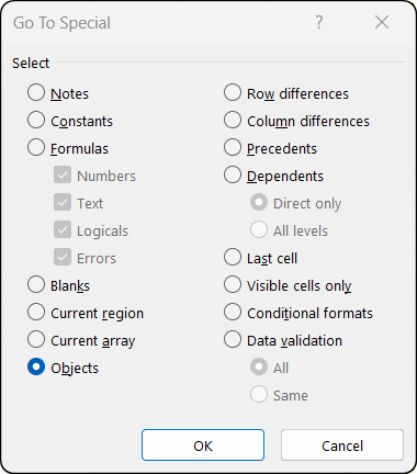Go To Special dialog with Objects option selected