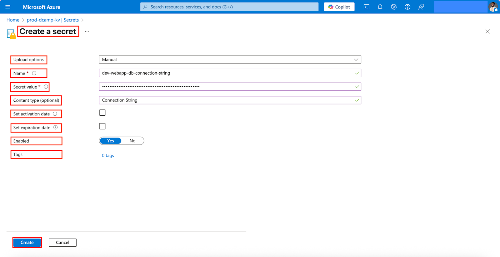 Screenshot of the “Create a secret” form in Azure Key Vault. Fields for upload method, name, secret value, and optional settings like content type, activation date, and expiration date are shown. The “Create” button is visible at the bottom.