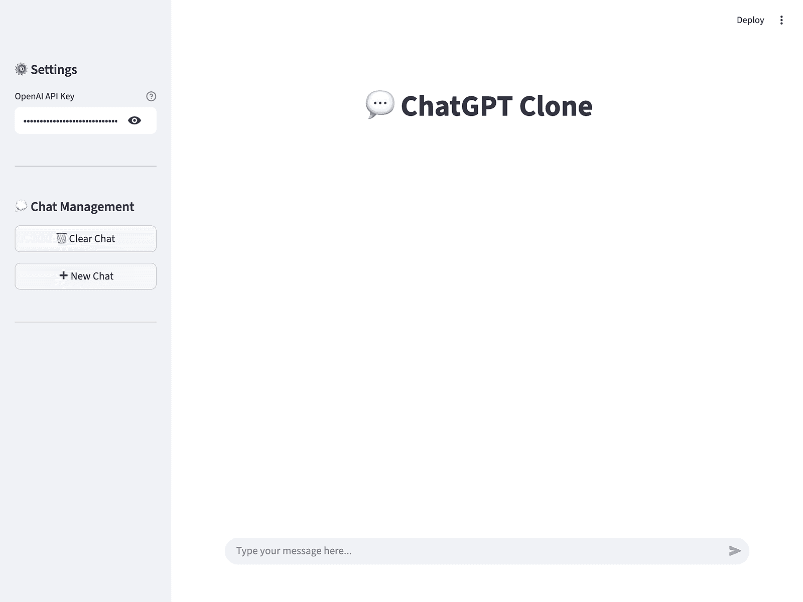 Streamlit ChatGPT clone initial state with empty chat interface, sidebar displaying API key input field, Clear Chat and New Chat buttons, and message counter showing 0 messages