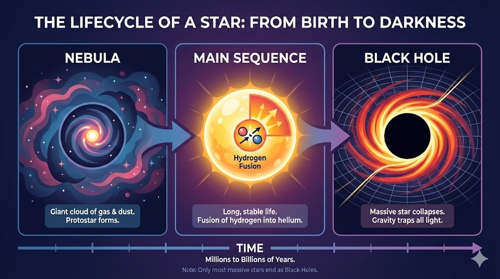 Consigne : « Une infographie horizontale illustrant le « cycle de vie d'une étoile ». Trois sections : nébuleuse, séquence principale, trou noir. Veuillez utiliser un style vectoriel plat. » (Nano Banana Pro)