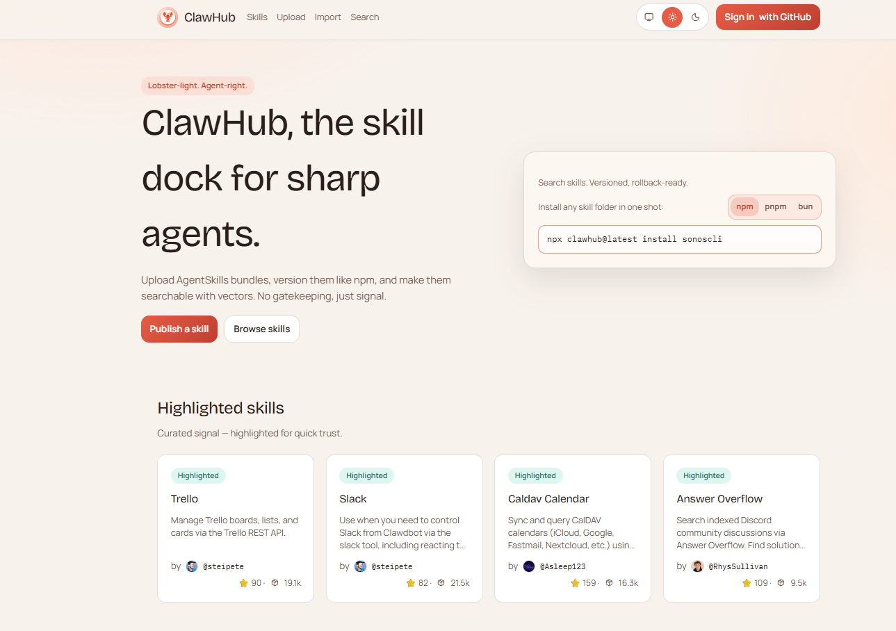 ClawHub skill registry homepage at clawhub.ai showing the search bar, category filters, and a grid of skill cards with download counts and star ratings