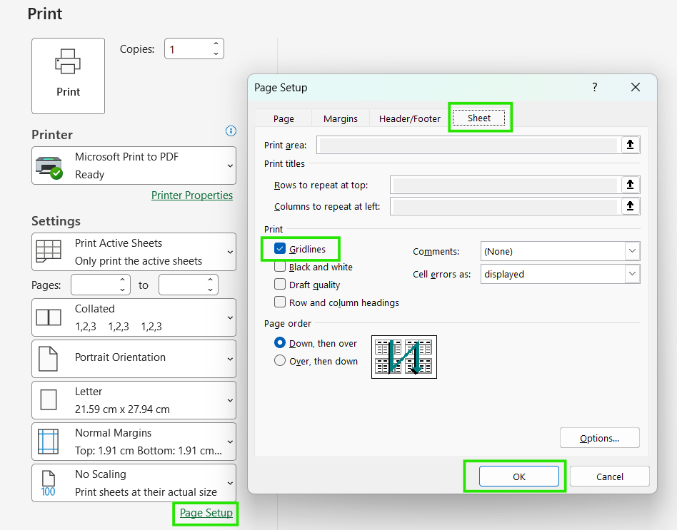 How to print gridlines in Excel in  Page setup.