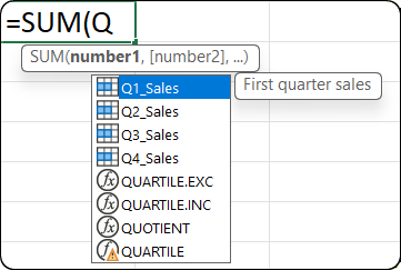 Formula AutoComplete dropdown showing named ranges that match the typed text, including Q1_Sales, Q2_Sales, Q3_Sales, and Q4_Sales.