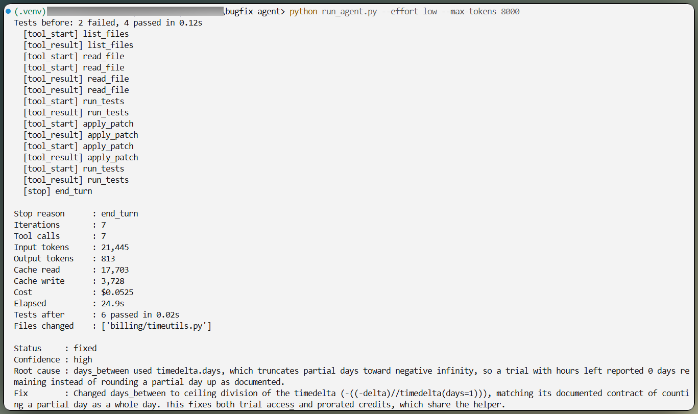 Terminal output showing the agent calling list_files, run_tests, read_file, apply_patch, and run_tests again before stopping