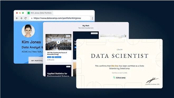 Screenshots of certificates, available certifications, and profiles'