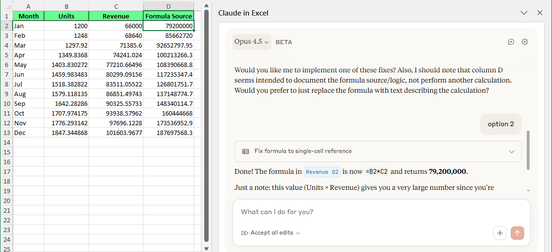 Claude in Excel fixed the bug without manual intervention.