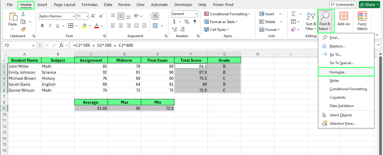 Highlight the cells with formulas  using Find & Select.