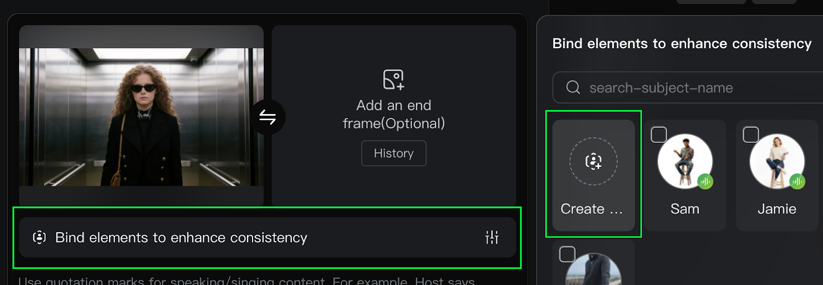 Kling AI 3.0 subject binding UI screenshot: “Bind elements to enhance consistency” panel with first-frame image of a woman in an elevator, Add end frame option, search/Create subject, and sample subjects (Sam, Jamie) to lock character consistency across shots.